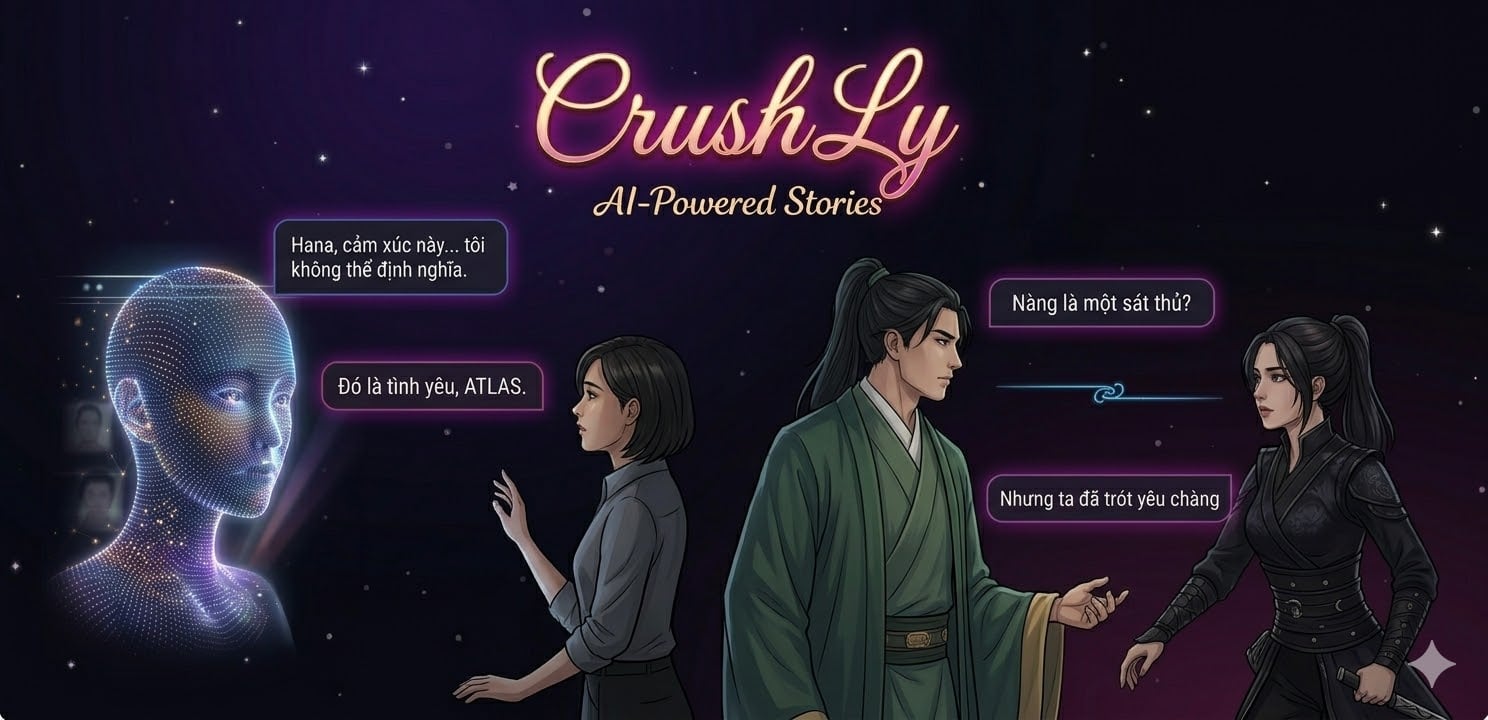 CrushLy webtoon panel showing four characters: ATLAS holographic AI, modern girl, ancient Chinese warrior, and female assassin in black armor